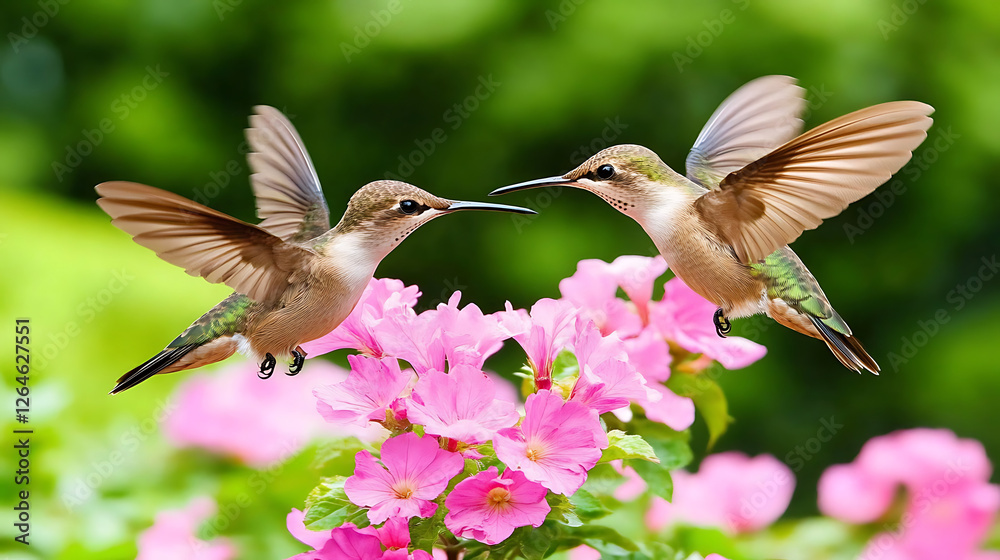 Obraz premium Two Hummingbirds Hovering Near Bright Pink Flowers Displaying Delicate Beauty and Gracefulness