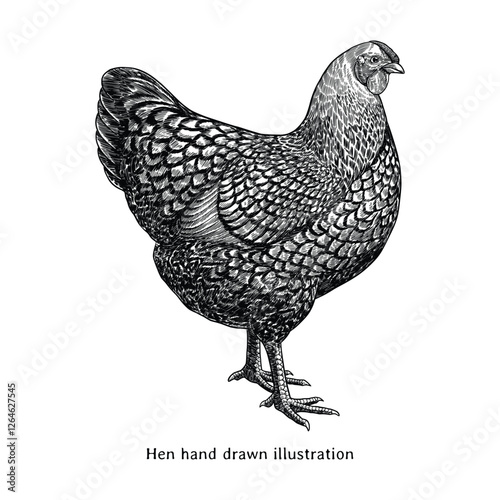 Hen illustration. Hen sketch. Hen hand drawn illustration in vintage engraving style. Vintage chicken sketch drawing