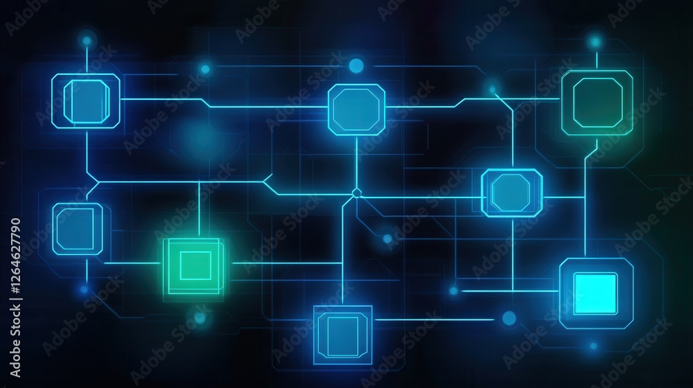 Glowing digital flowchart in blue and green tones, representing seamless processes and efficient workflows Glowing digital flowchart in blue and green tones, representing seamless processes and efficient workflows