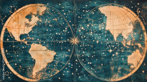 Antique world map with constellations, vintage celestial chart.