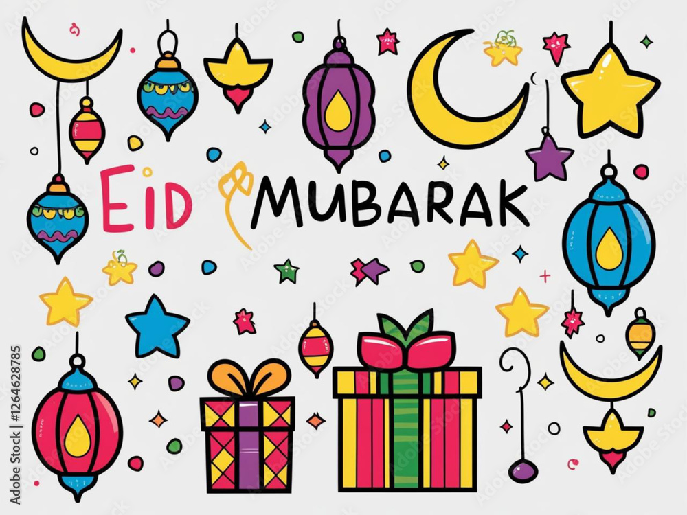 Obraz premium Colorful Eid Mubarak graphic design with festive elements.