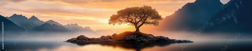 Majestic sunset over serene waters with a solitary tree in the foreground of an idyllic mountain landscape