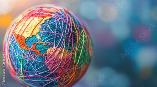 Colorful Yarn Globe Connecting Global Business Hubs, vibrant strings weave through cities, symbolizing interconnected markets and economies.