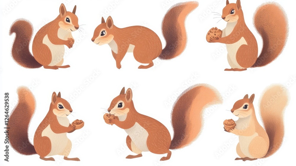 Obraz premium 83.A playful set of woodland squirrel illustrations featuring dynamic and static poses, including standing alert, nibbling food, and running, perfect for storytelling or educational projects.