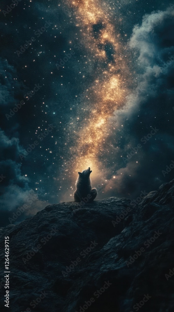 Fototapeta premium Lone wolf howling at night under a vibrant Milky Way galaxy.