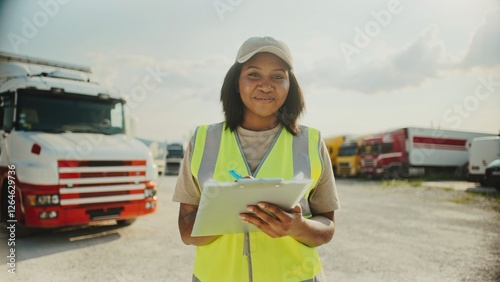 Camera moving closer to charming African American female. Woman smiling while looking directly. Parked truck located in background. Filling out information on sheet of paper. Manager at work.