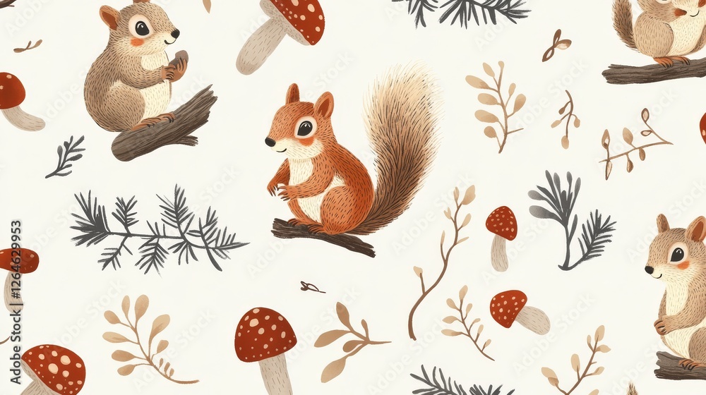 Obraz premium 98.A repeat design showcasing animated squirrels in various poses, surrounded by woodland elements like twigs, pinecones, and mushrooms, creating a soft and natural texture for baby fabrics.