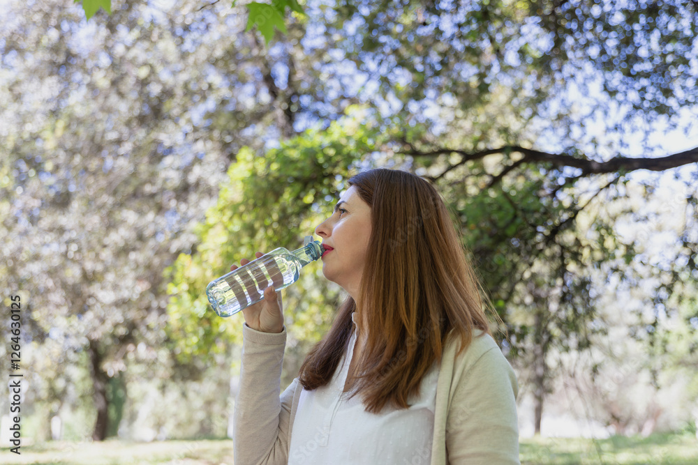 Portrait of a mature woman in profile, relaxed hydrating herself with a bottle of water on a sunny day. Concept of well-being, freshness and vitality Portrait of a mature woman in profile, relaxed hydrating herself with a bottle of water on a sunny day. Concept of well-being, freshness and vitality