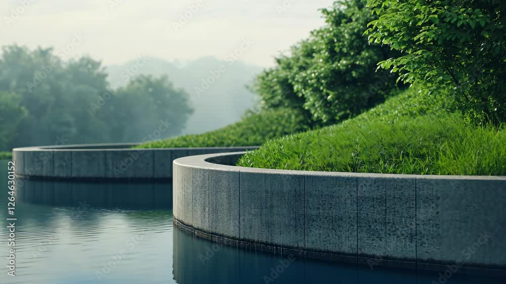Modern Urban Wastewater Treatment Plant in Serene Natural Setting with Advanced Water Management Technology and Green Landscaping