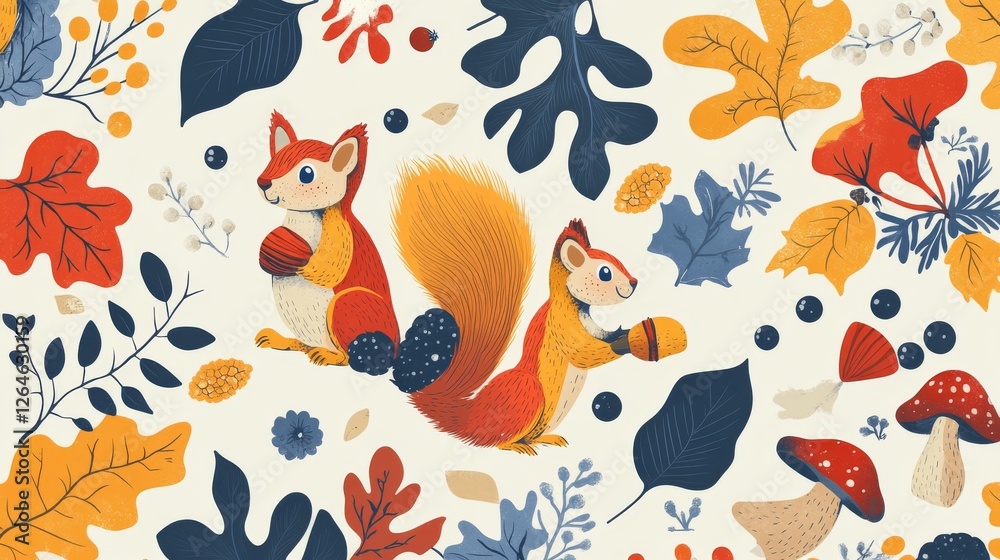 Obraz premium 67.A seamless pattern of playful cartoon squirrels holding acorns, surrounded by colorful leaves, mushrooms, and berries, all in a vibrant, child-friendly palette.