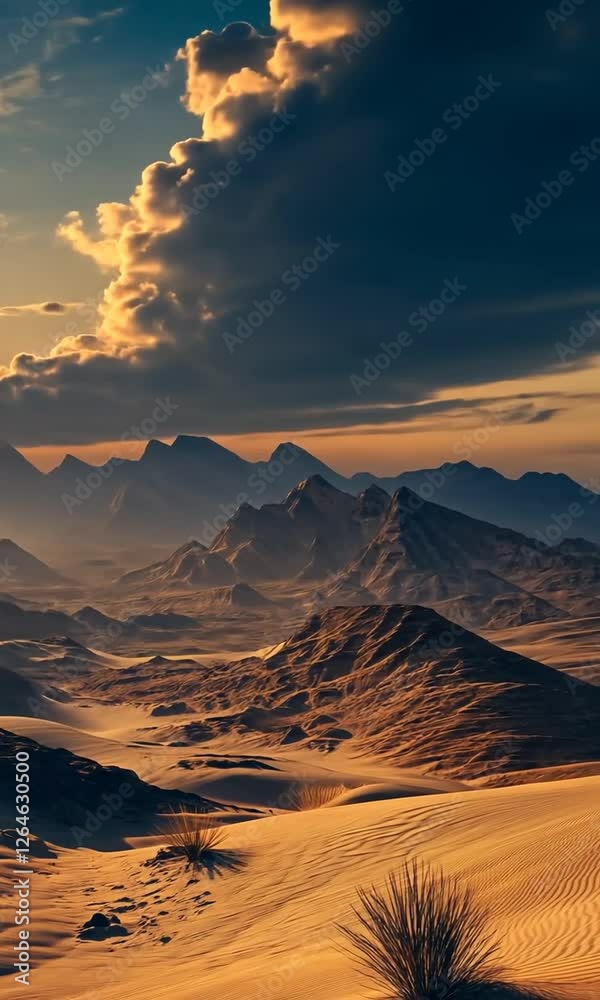 Majestic sunset over desert mountains with dramatic clouds Majestic sunset over desert mountains with dramatic clouds
