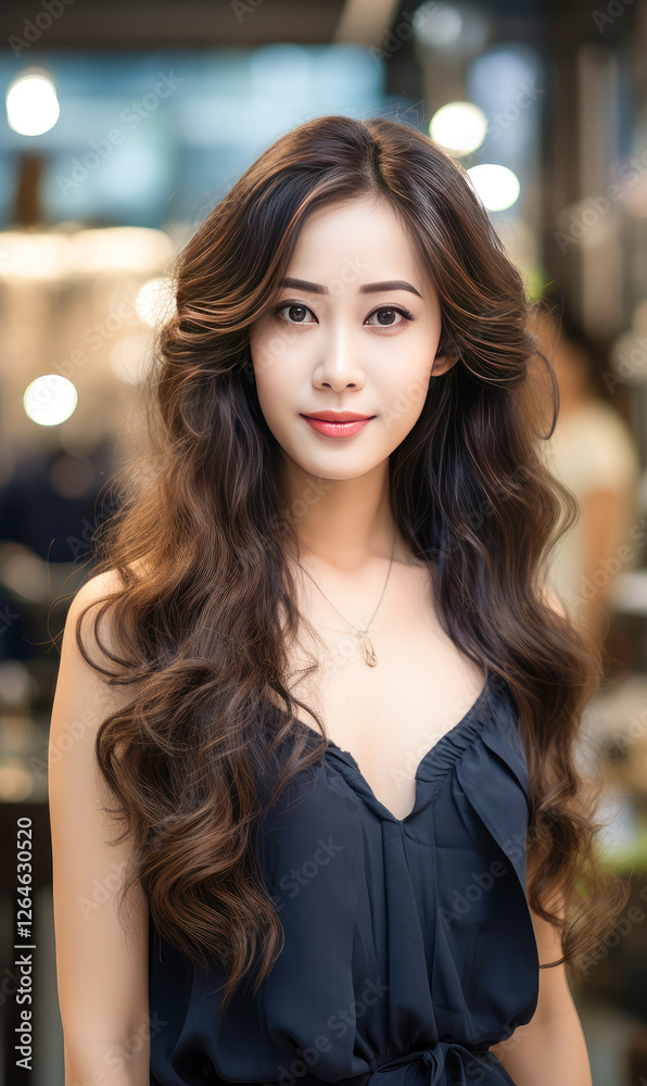 Fototapeta premium Young beautiful woman with shiny hair standing at salon