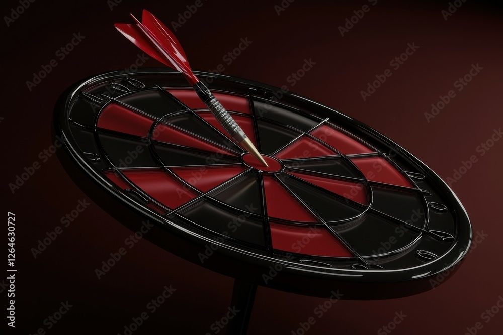 Obraz premium Bulls-Eye. Shiny Black Dart Hits the Target on the Dartboard. 3D Victory Illustration