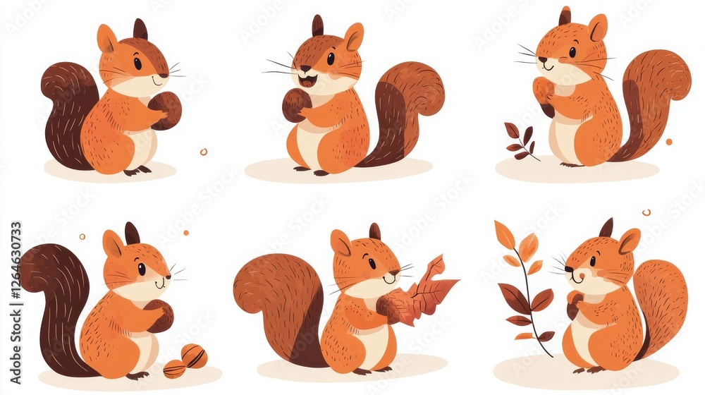Naklejka premium 53.A set of six flat-style squirrel cartoon illustrations, each showcasing a unique theme like climbing, eating, and playing, paired with nature-inspired details like leaves and nuts.