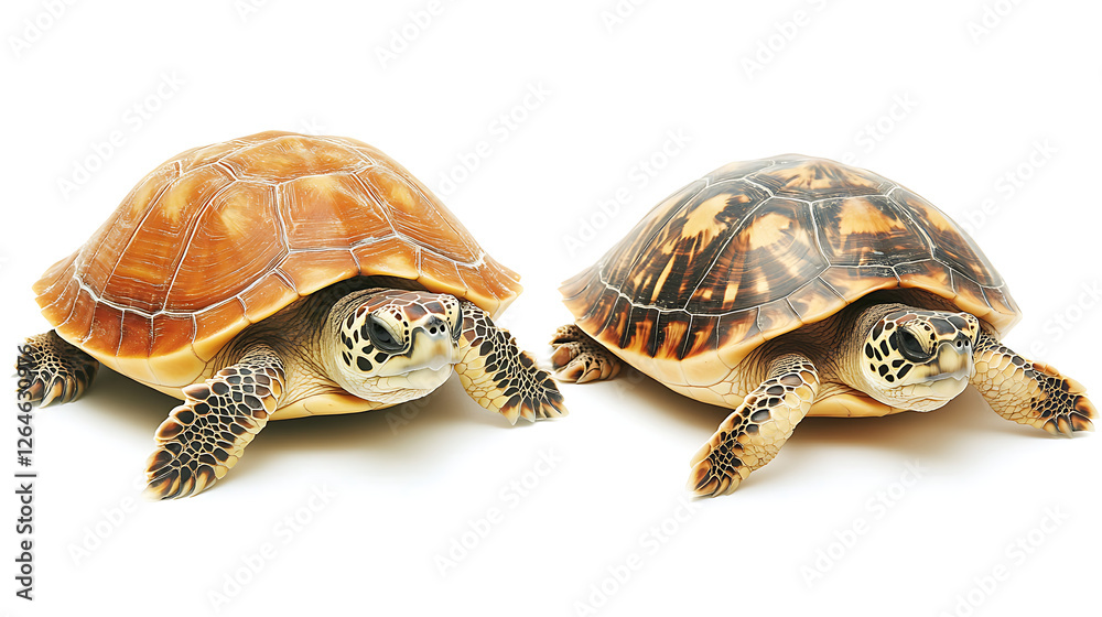 Obraz premium Two Turtles Side by Side Showing Differences in Shell Coloration and Patterns on White Background