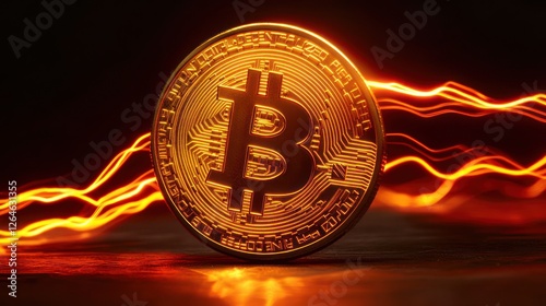 Glowing bitcoin cryptocurrency coin with energy streaks.