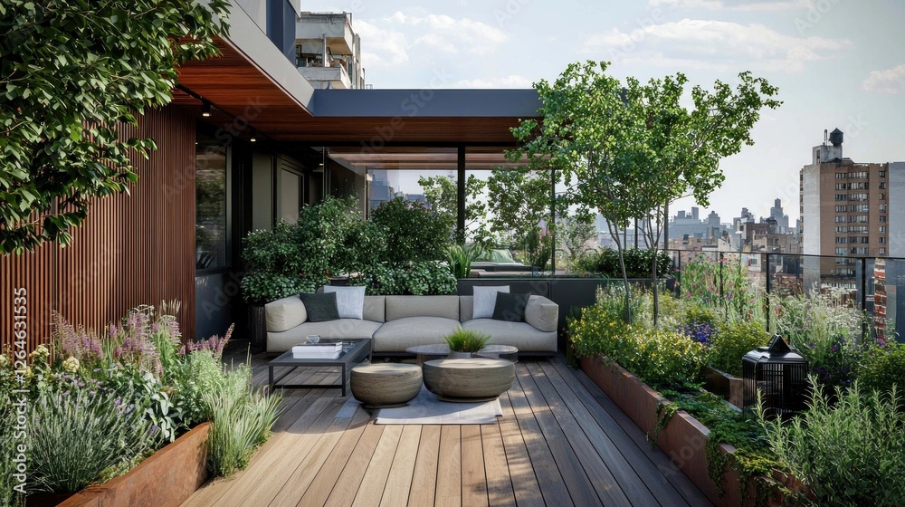 Fototapeta premium Serene Rooftop Oasis: Urban Garden Retreat