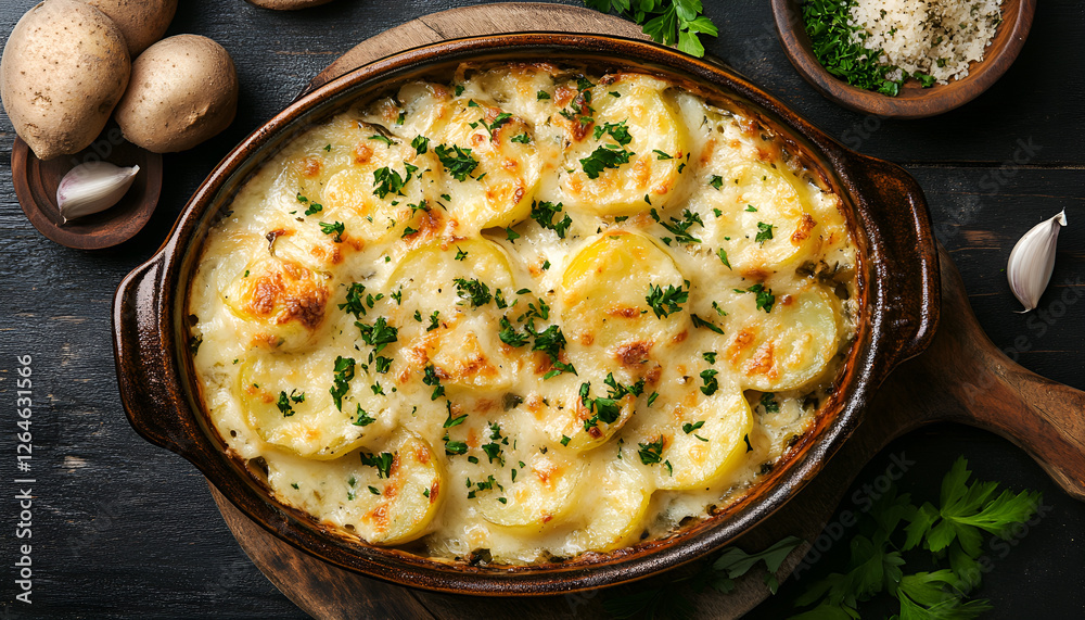 Potato gratin with cream, cheese and parsley in baking dish Potato gratin with cream, cheese and parsley in baking dish