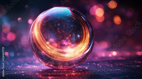 Abstract transparent glass celestial sphere with moonlit silver and goldenrod lines on a deep plum background, 3D rendering