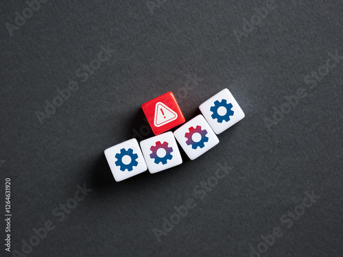 System error alert notification on red dice among settings gears cubes