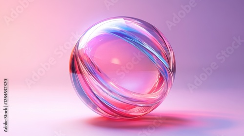 Abstract transparent glass ellipsoid with ruby red and sapphire blue lines on a soft lavender background, 3D rendering illustration of futuristic abstract shape with holographic element. photo