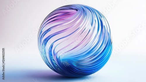 Abstract transparent glass sphere with blue and purple lines on white background, 3d rendering illustration