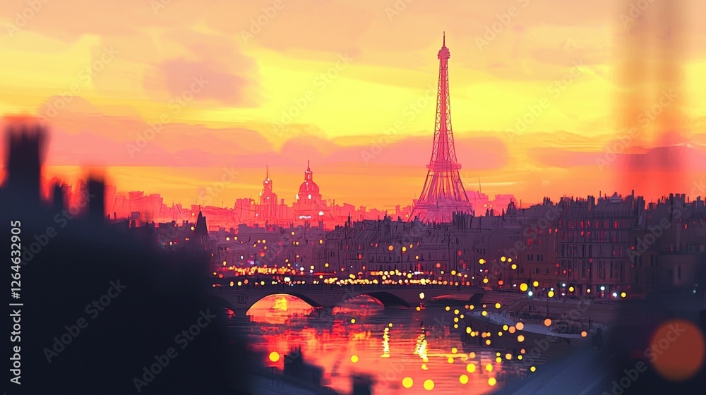 Obraz premium Sunset Cityscape, River, Bridge, Tower