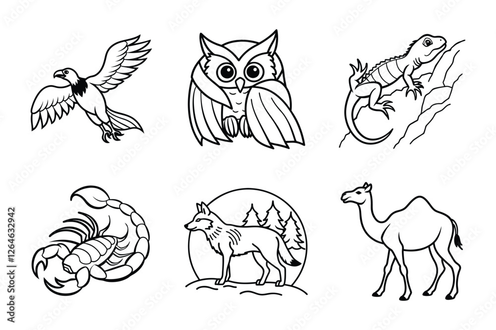 Naklejka premium African Wildlife Line Art Bundle ( Hawk, Owl, Lizard, Scorpion, Wolf, and Camel )