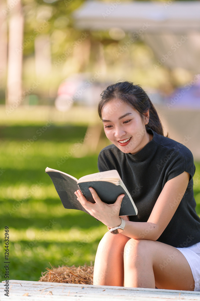 Obraz premium Young woman sitting on a hay bale in a park, smiling and immersed in a book, relishing the tranquil atmosphere while enjoying the beauty of nature around her