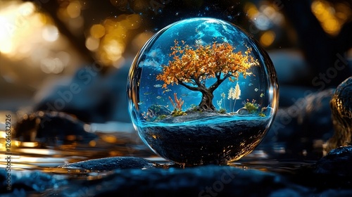 Wallpaper Mural International Day for Biological Diversity, Enchanted Glass Sphere with Tree and Colorful Foliage Surrounded by Water in Nature Landscape Torontodigital.ca