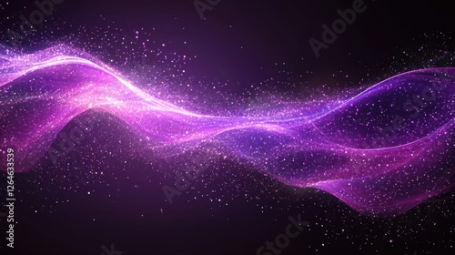 Abstract background iridescent crystal ribbon, 3D rendering illustration of futuristic abstract background with holographic lines and curved shapes on midnight purple.