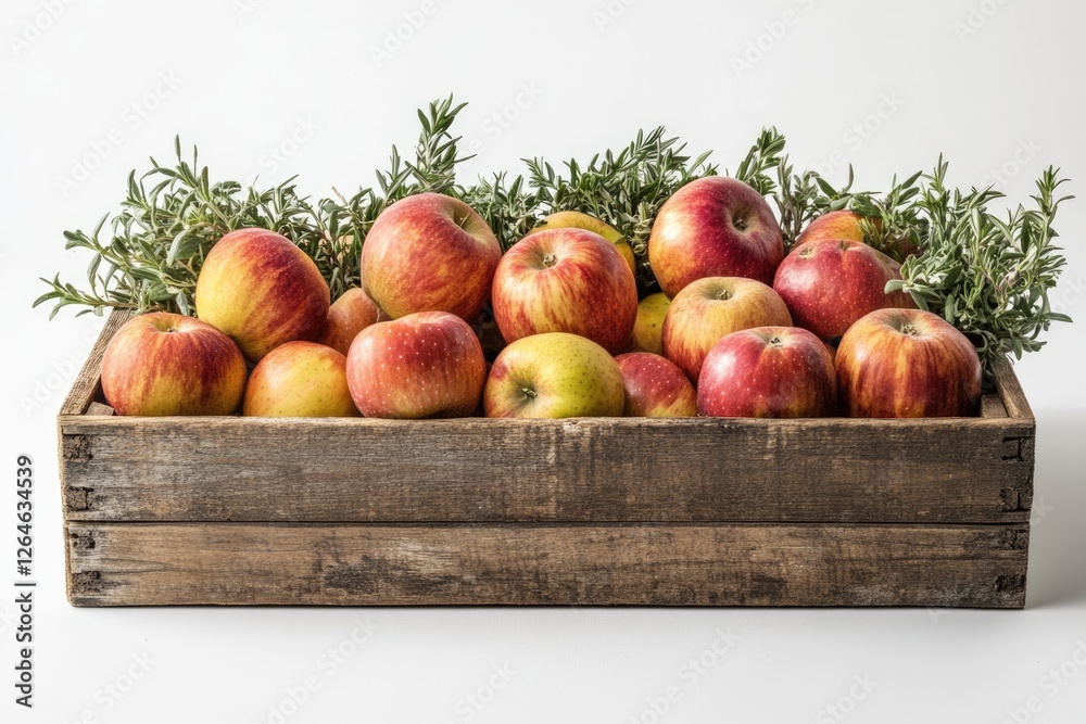 A rustic wooden crate brimming with ripe red apples, adorned with fresh herbs. A rustic wooden crate brimming with ripe red apples, adorned with fresh herbs.