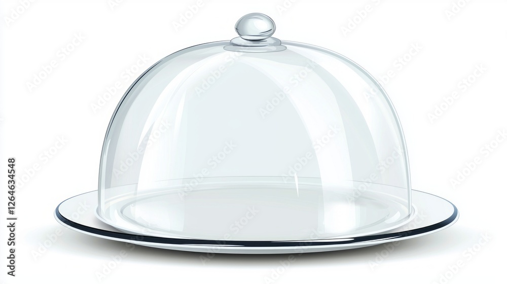 A sleek and shiny restaurant cloche sits on a pristine white plate, embodying sophistication and anticipation for a gourmet meal. Its transparent dome highlights the art of fine dining A sleek and shiny restaurant cloche sits on a pristine white plate, embodying sophistication and anticipation for a gourmet meal. Its transparent dome highlights the art of fine dining