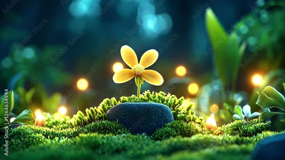A bright yellow flower blooms amidst greenery and soft glowing lights, creating a tranquil, mystical atmosphere.