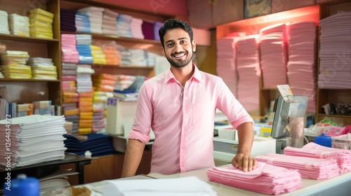 Young indian small business owner standing at his own shop