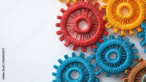 Woven Threads of Collaboration, intricate gears crafted from threads, embodying unity and teamwork in a vibrant, dynamic composition