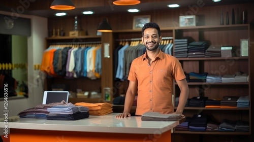 Young indian small business owner standing at his own shop