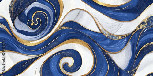 A striking abstract blue and gold marble pattern featuring dynamic swirling lines and luxurious textures, perfect for sophisticated design projects or decor.  photo