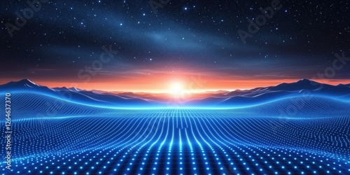 Stunning Digital Horizon with Glowing Grid Pattern and Vibrant Sunset Over Rolling Hills