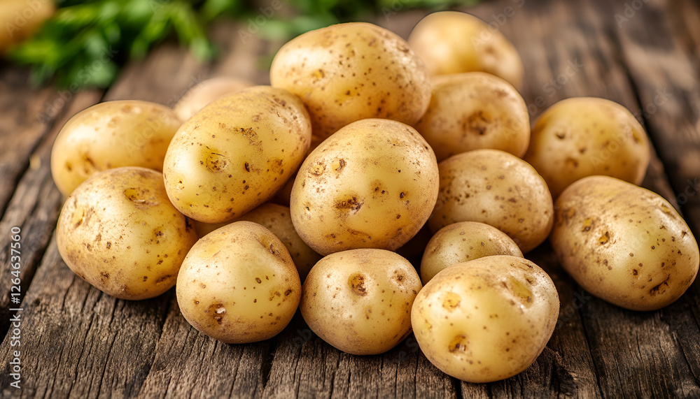 Fresh unpeeled baby potatoes, raw new potatoes ready to cook on wooden background close up. Organic farm potato for heathy eating