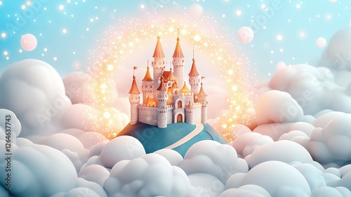 Fantasy castle in clouds dreamy fairytale concept featuring fantasy castle floating in soft clouds glowing light magical atmosphere and fantasy castle whimsical sky background