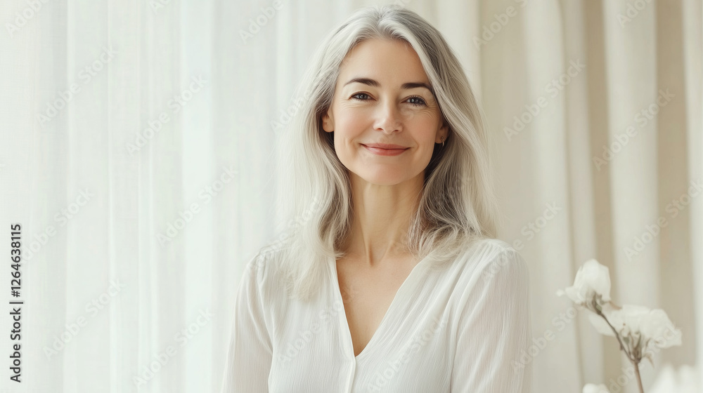 Portrait of beautiful happy smiling mature woman looking at camera standing in white room at home Portrait of beautiful happy smiling mature woman looking at camera standing in white room at home