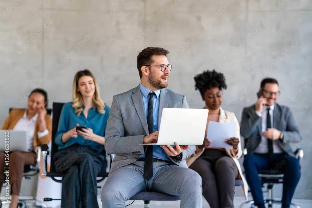 Group of young multi-ethnic startup business team collaborating on project in modern office Group of young multi-ethnic startup business team collaborating on project in modern office