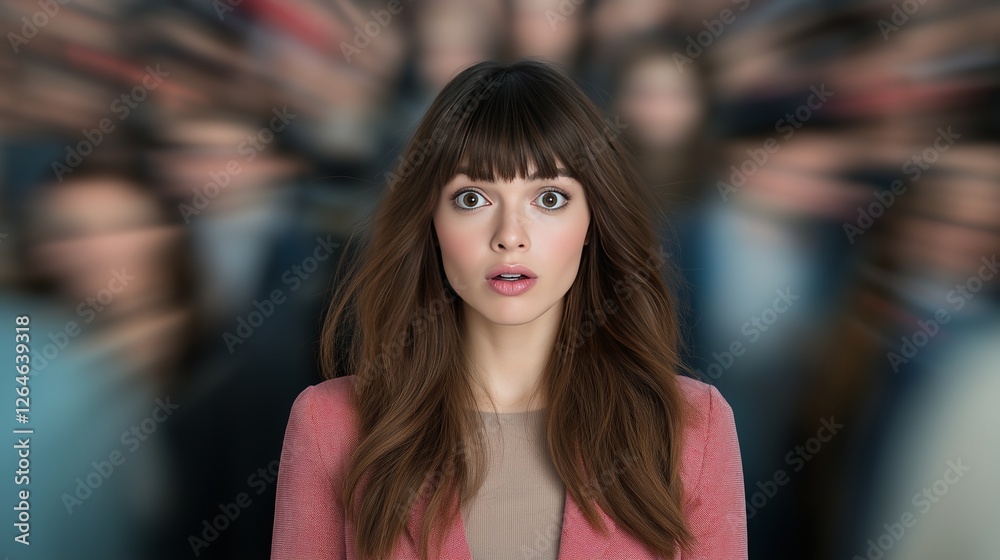  a woman, in the middle of a crowd, blurred motion of people, anxious expression