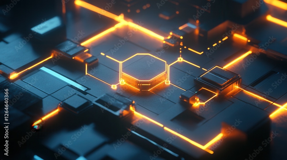 Geometric flowchart with luminous lines connecting polygonal nodes, vibrant design for data visualization and process mapping
