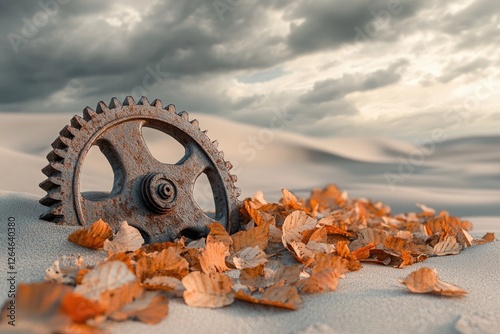 A rusty gear lies on a sandy dune amidst fallen autumn leaves under a cloudy sky, evoking themes of time and change. photo