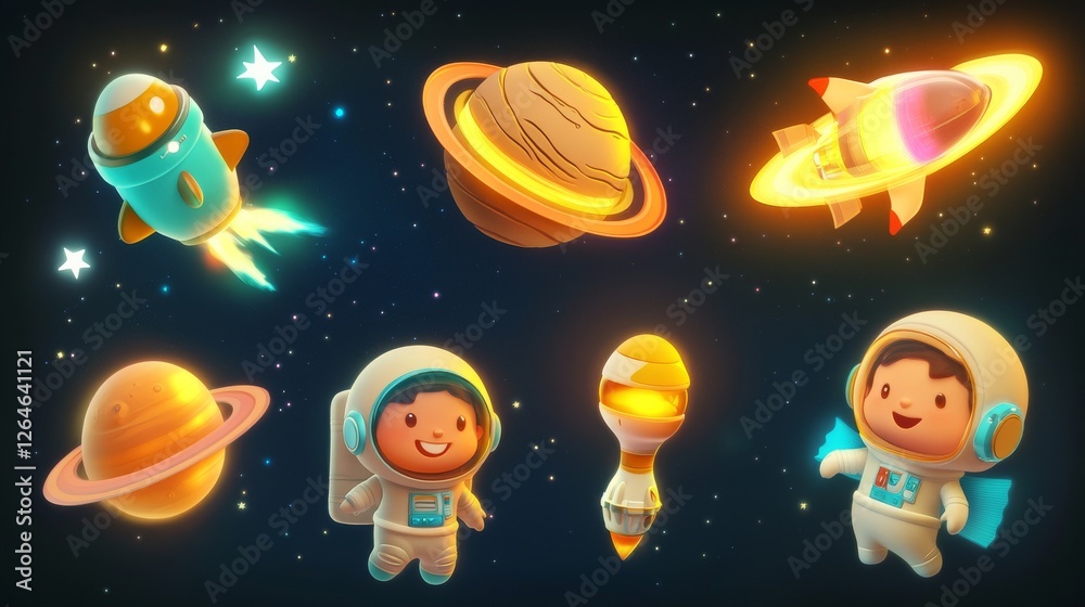 Fototapeta premium 34.A digital 3D vector icon set showcasing cartoonish space objects: a smiling astronaut in space gear, a planet with rings, a rotating satellite, a rocket taking off with bright trails, an alien