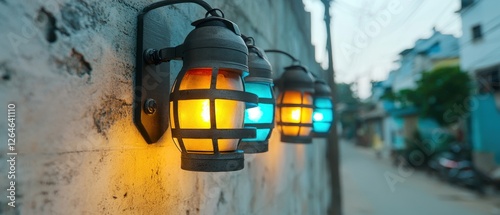 A row of lanterns on a wall. photo