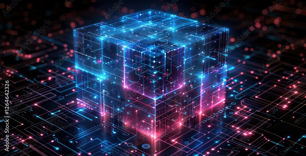 Fototapeta premium A computer generated image of a cityscape with many blue and pink cubes