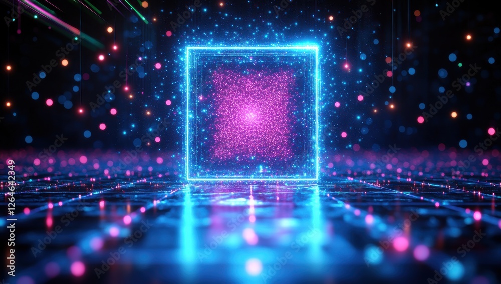 Obraz premium A computer chip is shown in a neon light tunnel